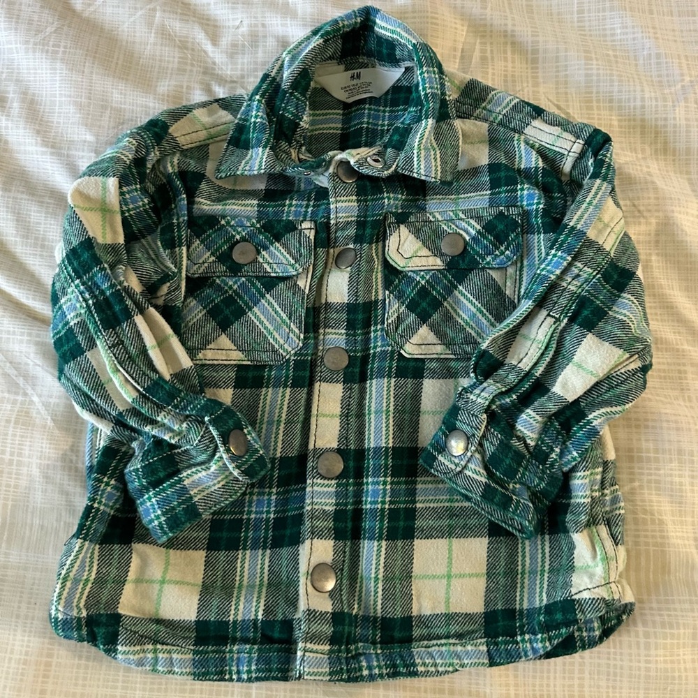 H&M toddlers long sleeve‎ green cream flannel long sleeve button down shirt